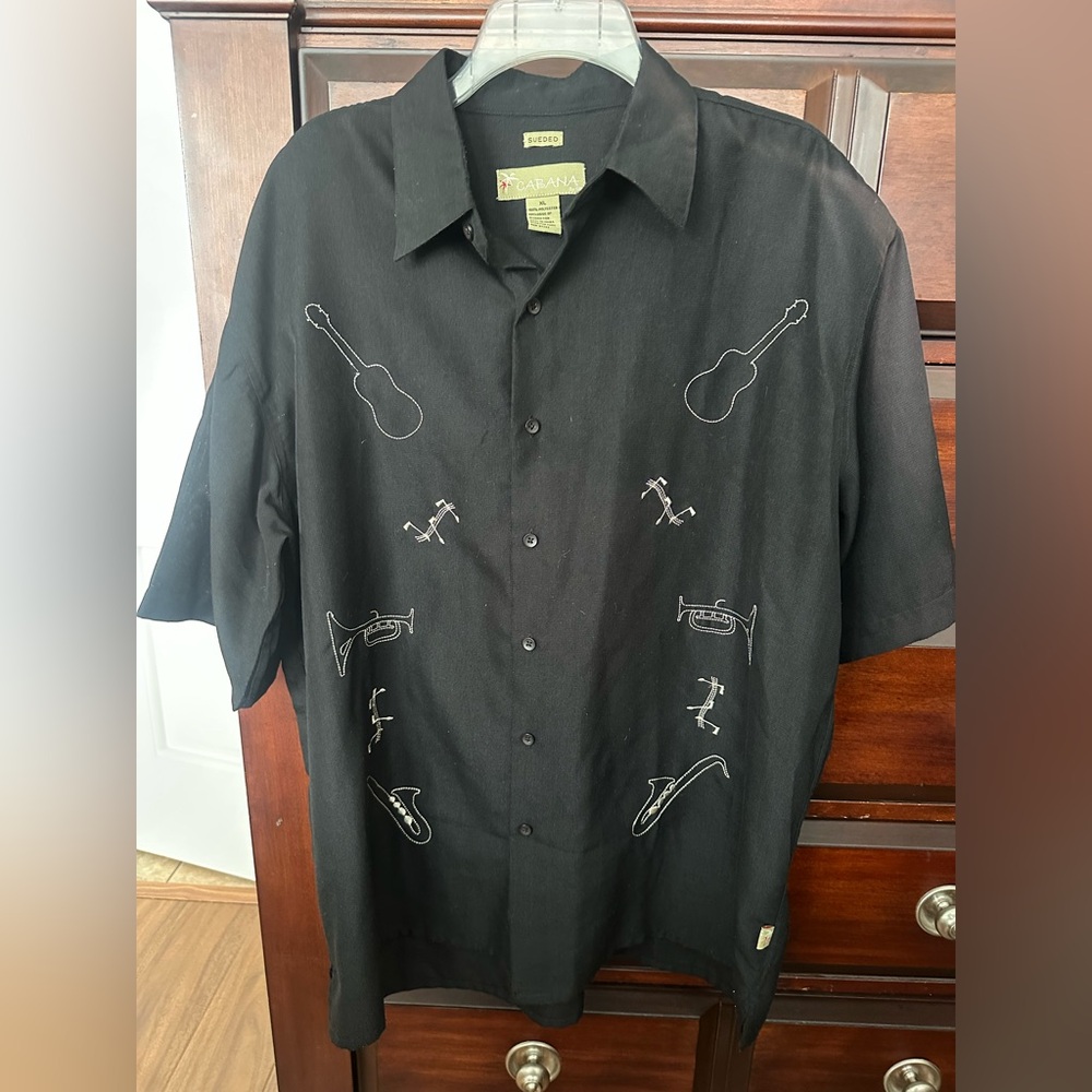 Cabana  XL Black w/ Tan Embroidered Musical Instruments Short Sleeve Shirt